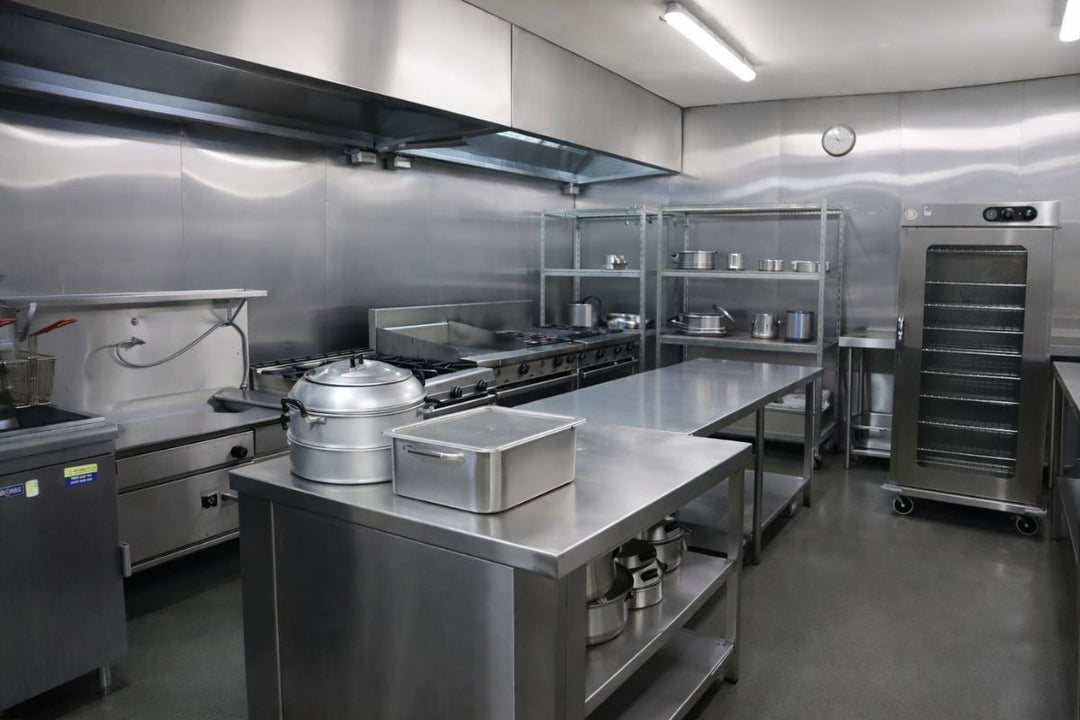Commercial kitchen with stainless steel appliances and equipment.